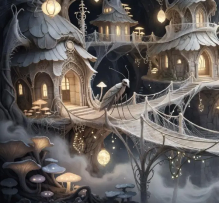 Illustration d'un royaume insectoïde de Hollow Knight: Silksong, avec architecture organique et lumières violettes.