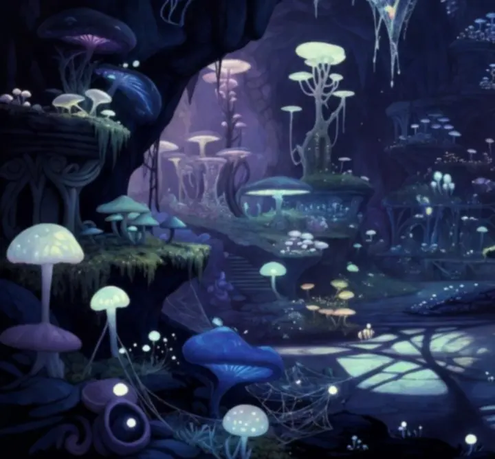 Paysage cinématique souterrain inspiré de Hollow Knight: Silksong, baigné de lumière tamisée.