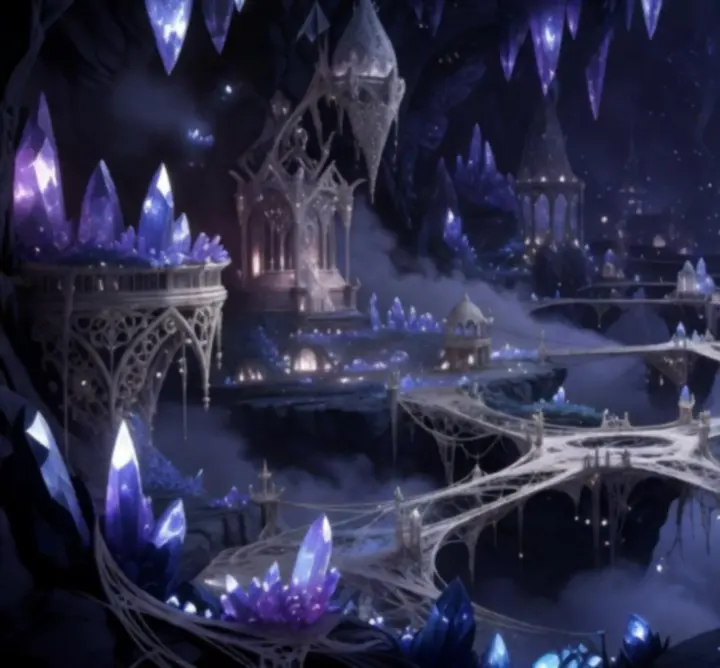 Environnement onirique de Hollow Knight: Silksong avec architecture insectoïde baignée de lumières bleu nuit.