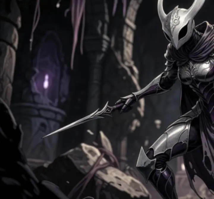 Personnage de Hollow Knight: Silksong dans une pose dynamique, entre grâce et danger.
