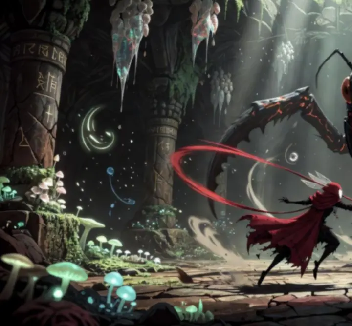 Combat de boss dans Hollow Knight: Silksong avec éclairage dramatique et effets visuels intenses.