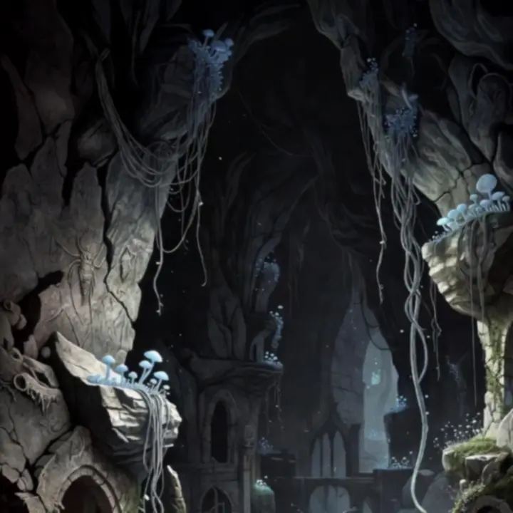 Paysage vertical de Hollow Knight: Silksong avec grottes, ponts suspendus et lumière gothique.