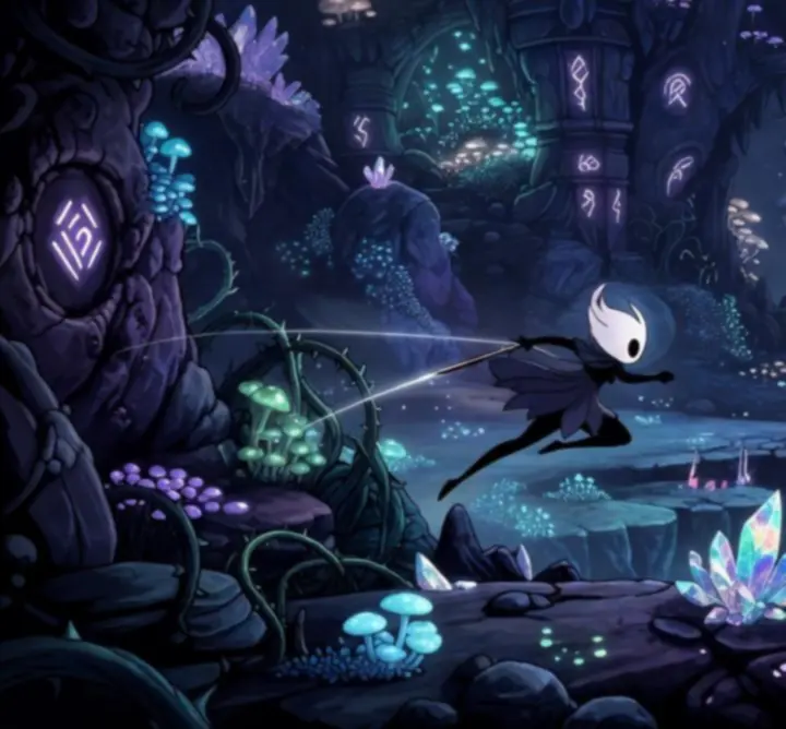 Scène de combat nerveux dans Hollow Knight: Silksong, baignée d'une lumière bleu nuit.